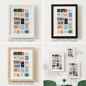 May include: A selection of framed art prints showcasing a collage of vintage matchbox labels in shades of blue, green, and orange. Available in white, black, and wood frames, with sizes from 30.5 x 40.6 cm to 53.3 x 71.1 cm.