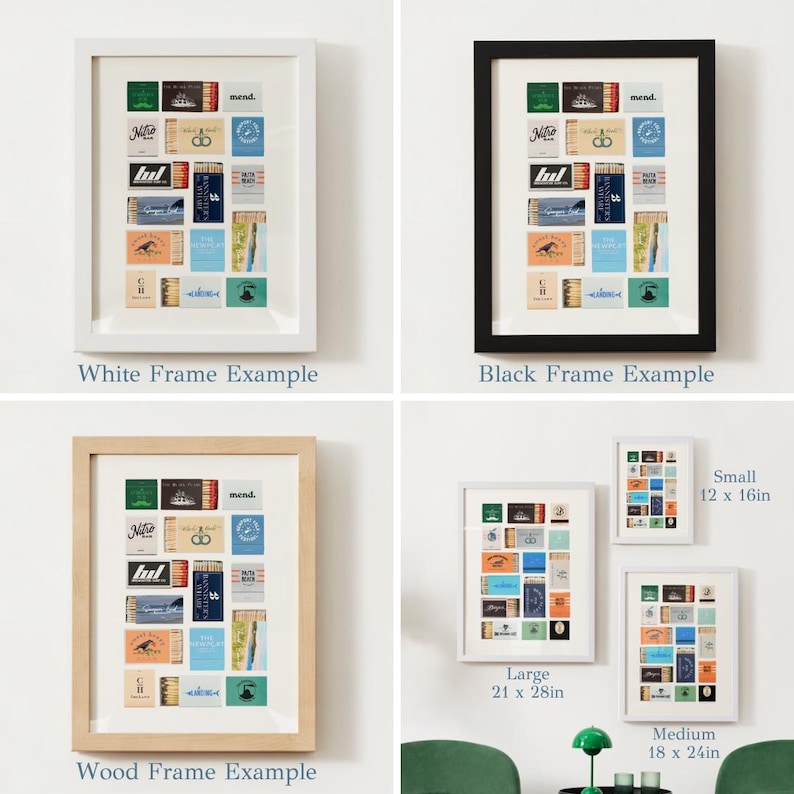 May include: A selection of framed art prints showcasing a collage of vintage matchbox labels in shades of blue, green, and orange. Available in white, black, and wood frames, with sizes from 30.5 x 40.6 cm to 53.3 x 71.1 cm.