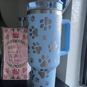 Baby Blue with Silver Gray Paw Print Tumbler, cat mom, cat dad, dog mom, dog dad