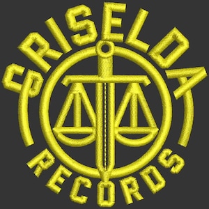 May include: A yellow embroidered logo with the text "CRISELDA RECORDS" in a circle around a sword and scales of justice.