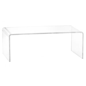 以下が含まれることがあります： 長方形の上面と丸みを帯びたエッジを備えた、透明なアクリル製ディスプレイスタンド。スタンドの長さは約30cm、幅15cm、高さ10cmです。ミニマリストなデザインは、多様な用途に使用できます。