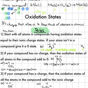 Könnte beinhalten: Handgeschriebene Notizen auf einem karierten Papierhintergrund erklären Oxidation und Reduktion in der Chemie. Die Notizen beinhalten Definitionen, Beispiele und Regeln zur Bestimmung von Oxidationszahlen.