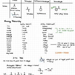 Può includere: Un diagramma di chimica scritto a mano che illustra le reazioni di aldeidi e chetoni. Il diagramma include strutture chimiche, gerarchie di nomenclatura e meccanismi di reazione, con annotazioni ed etichette. Il testo è in inchiostro nero su carta a quadretti.