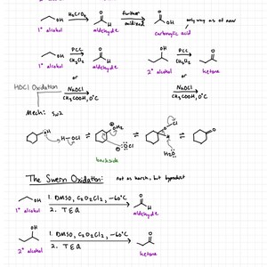 May include: A handwritten chemistry diagram on a grid background, detailing the oxidation of alcohols. The text includes chemical reactions, reagents, and reaction mechanisms, with various structures and formulas.