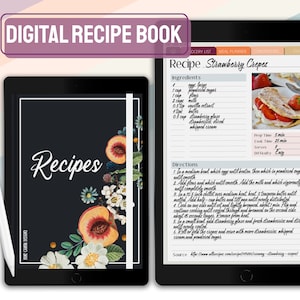 Può includere: Due tablet che mostrano un libro di ricette digitale. Uno mostra una ricetta di crêpes alle fragole, l'altro una copertina con "Ricette" e illustrazioni floreali. Una penna è sul tavolo. Misure in cm.