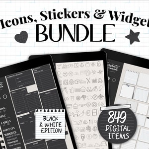 Könnte beinhalten: Ein digitales Bundle aus Icons, Stickern und Widgets, das auf drei schwarzen Tablets angezeigt wird. Der Text "Icons, Stickers & Widgets BUNDLE" steht oben. Das Bundle enthält 849 digitale Elemente in einer Schwarz-Weiß-Edition.