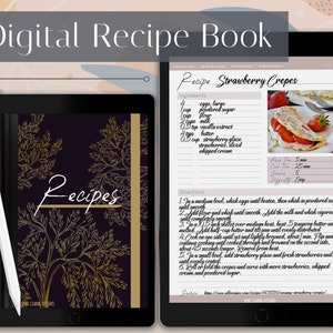Könnte beinhalten: Zwei digitale Tablets mit einem Rezeptbuch. Eines zeigt ein Cover mit goldenen botanischen Illustrationen und dem Wort "Rezepte". Das andere zeigt ein Rezept für Erdbeer-Crêpes. Der Text "Digital Recipe Book" steht oben.