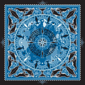 May include: A square bandana featuring a blue and black design with illustrations of North Atlantic right whales. The center displays a compass rose and the text PROTECT NORTH ATLANTIC RIGHT WHALES. The border has a wave pattern.