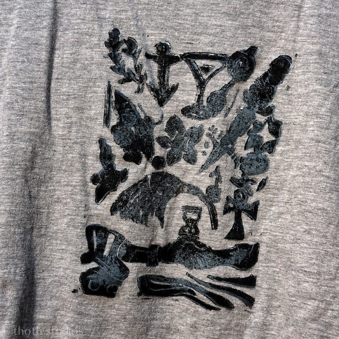 Overprint Linocut Print Tee Thoth Flash Sheet Pinup Design, Handmade