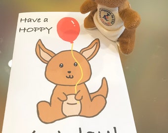 Happy Birthday Card with Kangaroo, Digital, Printable