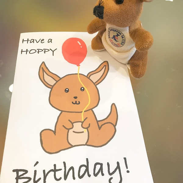 Happy Birthday Card with Kangaroo, Digital, Printable