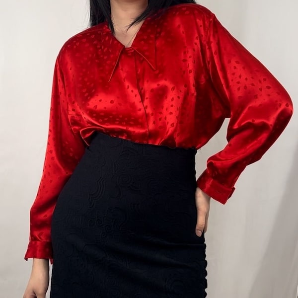 Vintage 70s red satin blouse shirt