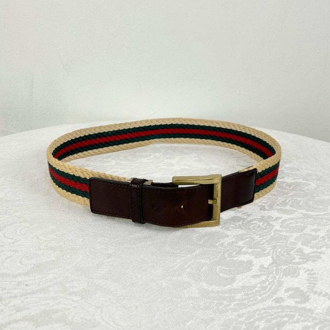Vintage Woven Striped Preppy Belt With Leather and Brass  display picture 1