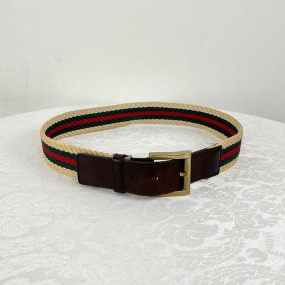 Vintage Woven Striped Preppy Belt With Leather and Brass 