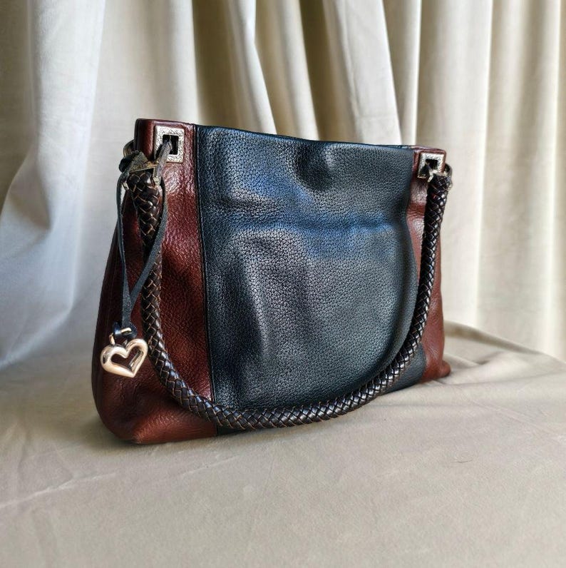 Vintage Brighton zwart-bruine tweekleurige leren schoudertas afbeelding 1