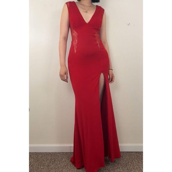 open lace back dress Jovani 46967 - Short Chiffon A-Line Dress - Floral Embroidery, Beaded, Tiered Ruffle Skirt, Spaghetti Straps, Lace-Up Back 2 / Red
