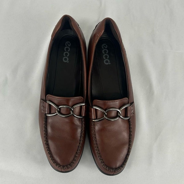 Ecco Brown Leather Loafers with Gold Buckle