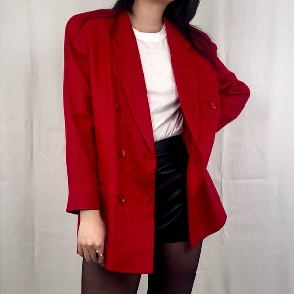 Vintage Liz Claiborne Pertitte Red 100% Linen Double Breasted Blazer