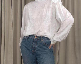 Vintage JH Collectible White Satin Embroidered Blouse
