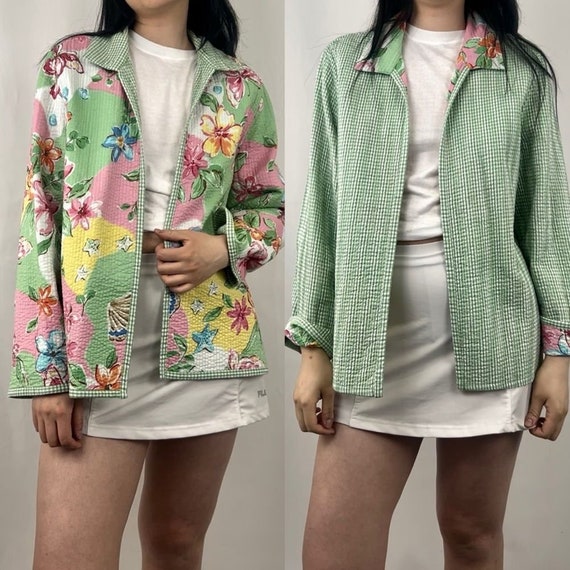 Reversible Quilted Green Gingham and Floral Jacket