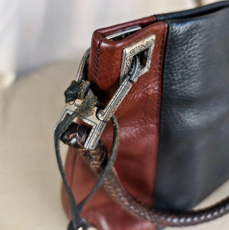 Vintage Brighton zwart-bruine tweekleurige leren schoudertas afbeelding 6