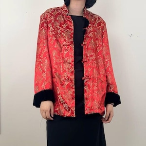 Vintage Red and Black Reversible Satin and Velvet Embroidered Asian Jacket