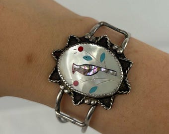 Vintage zilveren Zuni-ingelegde parelmoer armband