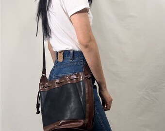 Vintage Genuine Leather Black and Brown Cross Body Bucket Bag