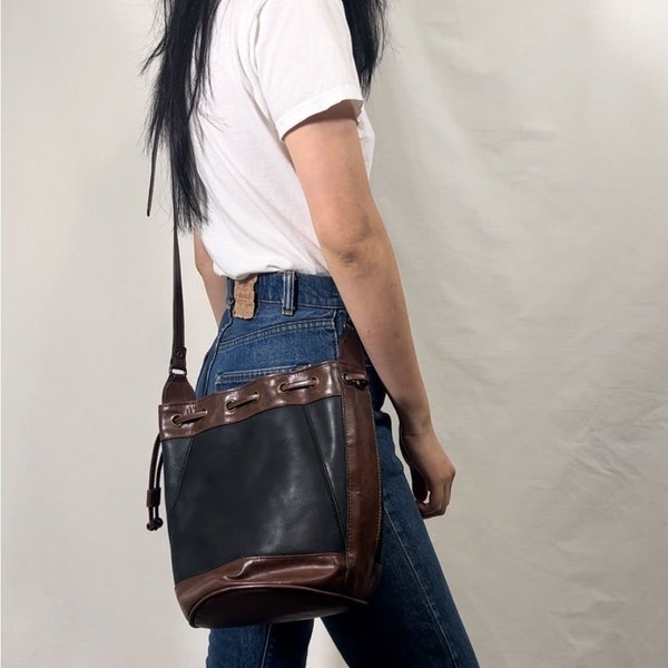 Vintage Genuine Leather Black and Brown Cross Body Bucket Bag