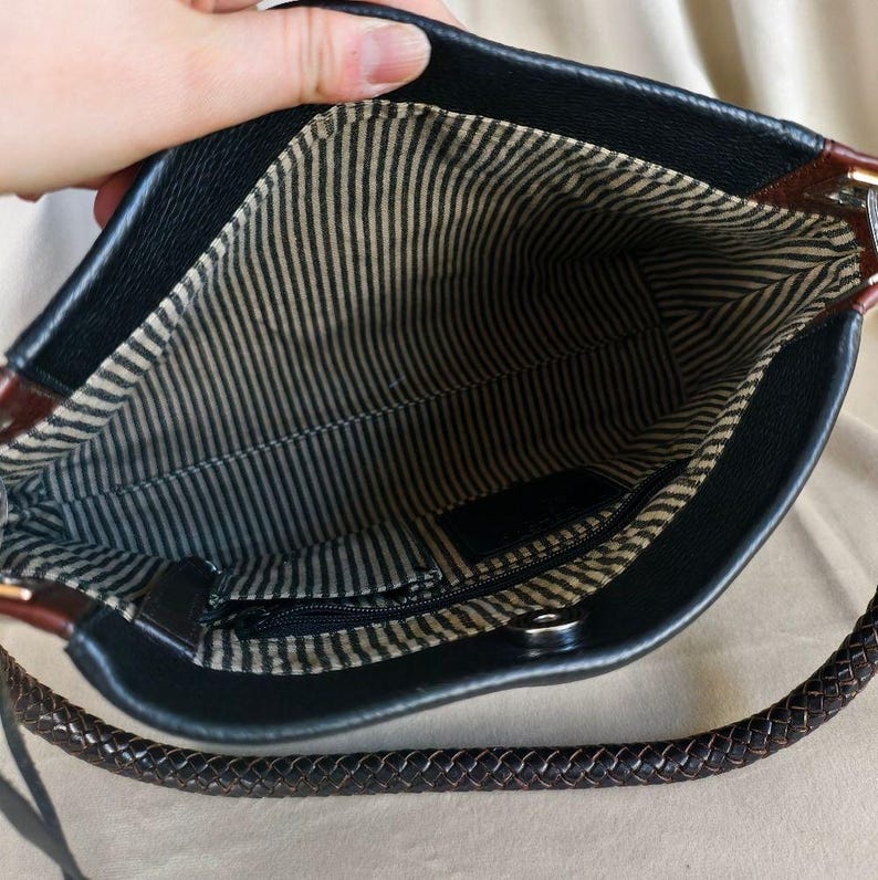 Vintage Brighton zwart-bruine tweekleurige leren schoudertas afbeelding 5