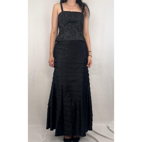 NWT Vintage Alex Evenings Black Formal Satin Gown With Floral Cami