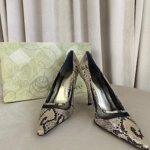 Op de afbeelding: Een paar J. Renee pumps met een spitse neus, een beige en zwart slangenprintpatroon, zwarte mesh zijpanelen en een naaldhak. De schoenen staan voor een lichtgroene doos met een patroon en de merknaam gedrukt op de binnenzool.