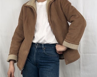 Talbots Tan Faux Leather Shearling Zip Up Jacket