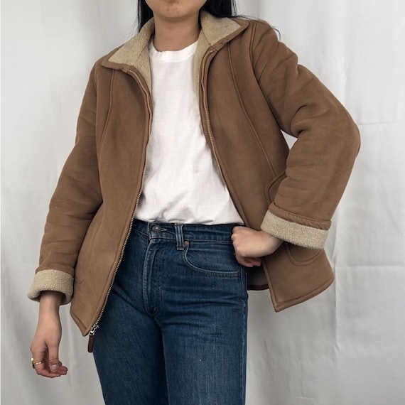 Talbots Tan Faux Leather Shearling Zip Up Jacket