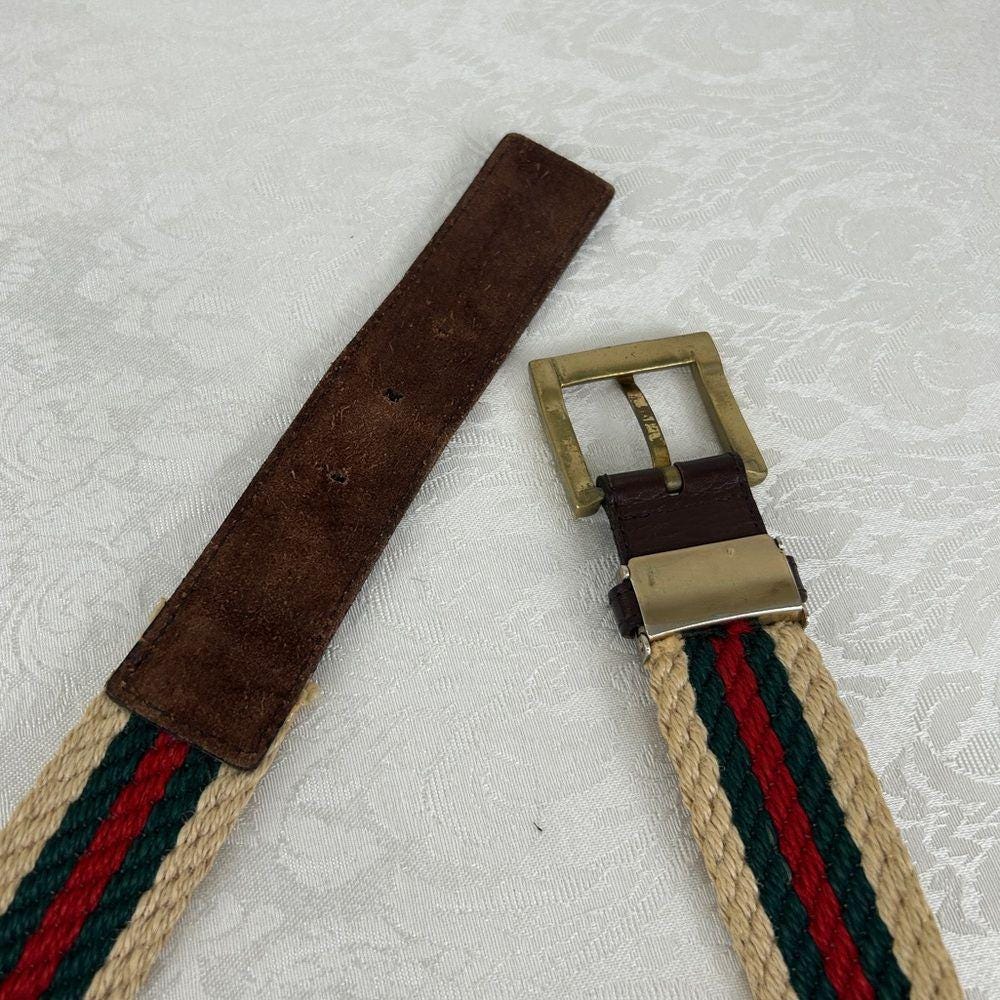 Vintage Woven Striped Preppy Belt With Leather and Brass 