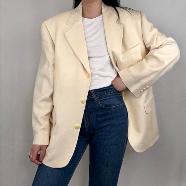 NWT Vintage Bachrach Cream Oversized Boyfriend Silk Wool Linen Blend Blazer