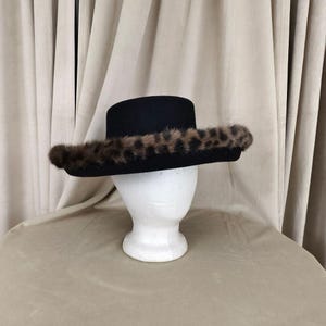 Vintage Black Wool Rimmed Hard Hat with Leopard Faux Fur Trim Bowler Hat Wool Leopard Faux Fur Trim Black Large Read | eBay main image 3