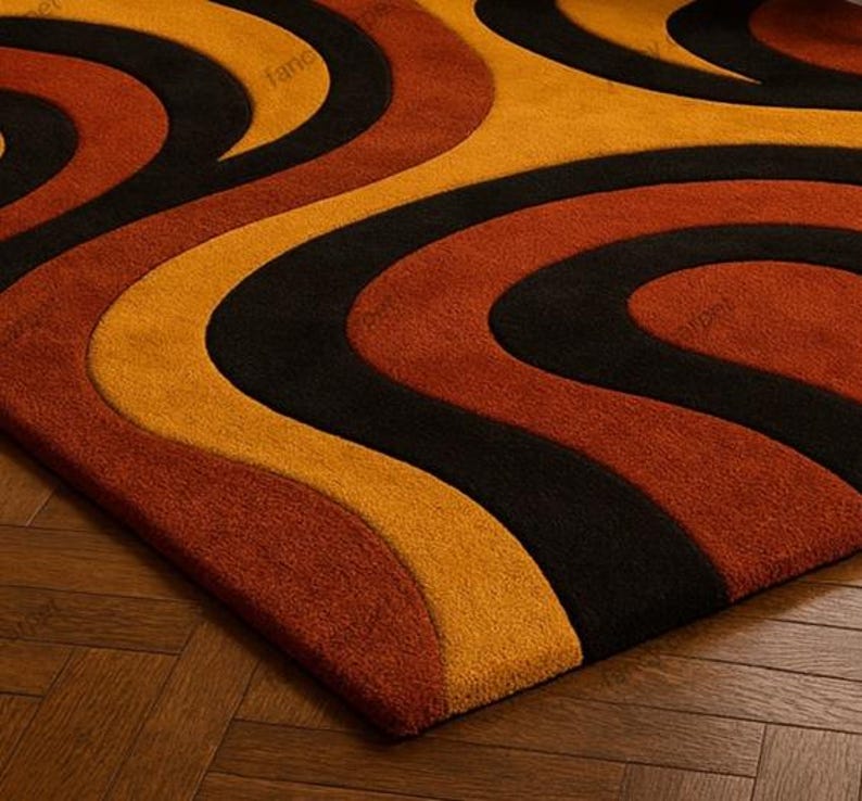Add a touch of retro charm to your space with our Retro 70s Geometric Wave Rug – a Mid Century Modern tufted shag carpet featuring bold wavy patterns and rich vintage hues. Perfect as a groovy boho accent rug for your living room, bedroom, or lounge, this handmade floor decor blends nostalgic 70s style with cozy modern comfort.