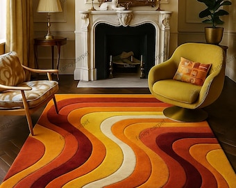 May include: A retro-style area rug with a wavy pattern in shades of orange, yellow, and white. The rug is placed in a living room setting with a yellow chair and a fireplace. The rug's dimensions are not visible.