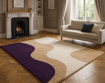 Lavender Abstract Rug | Wavy Edge Sculptural Tufted Carpet | Modern Handmade Art Rug for Living Room & Bedroom Decor