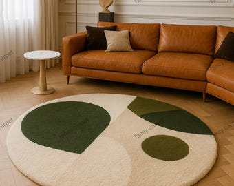 Handmade Green Landscape Rug – Tufted Wool Shag, Modern Accent