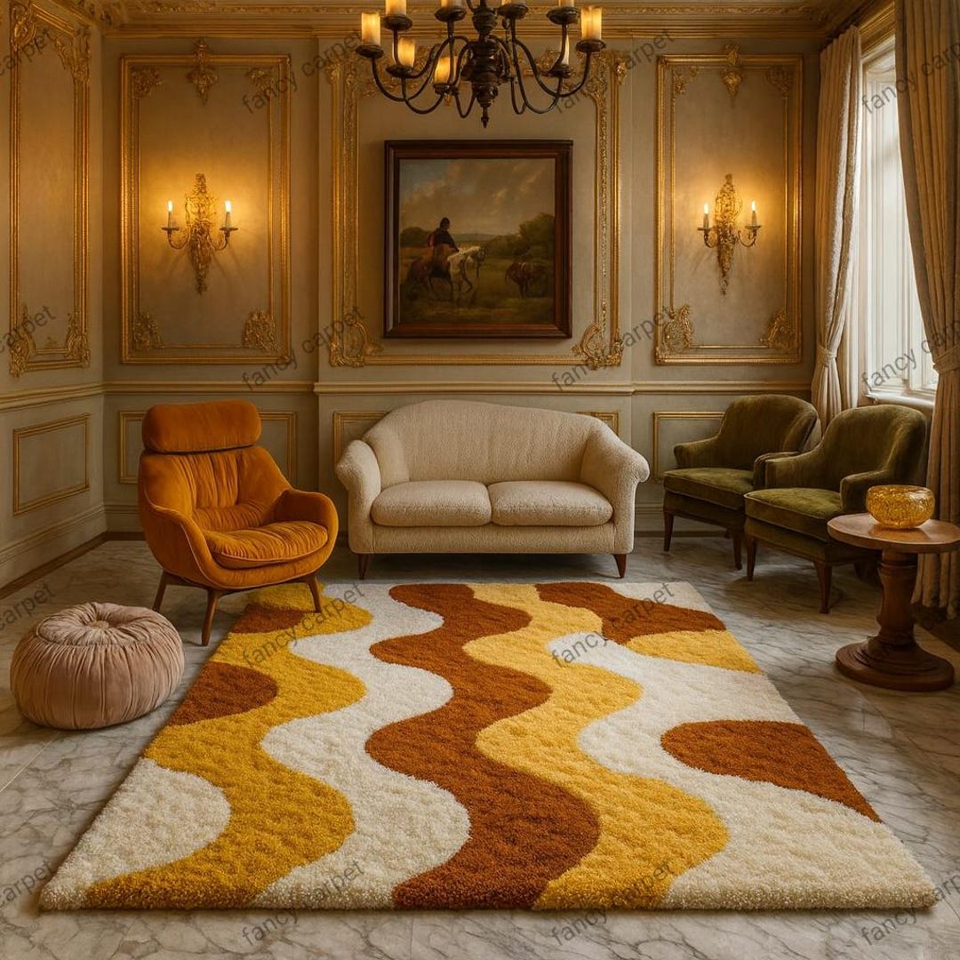 Handmade Tufted Shag Rug – Retro 70s Wavy Mustard Orange Cream - Etsy