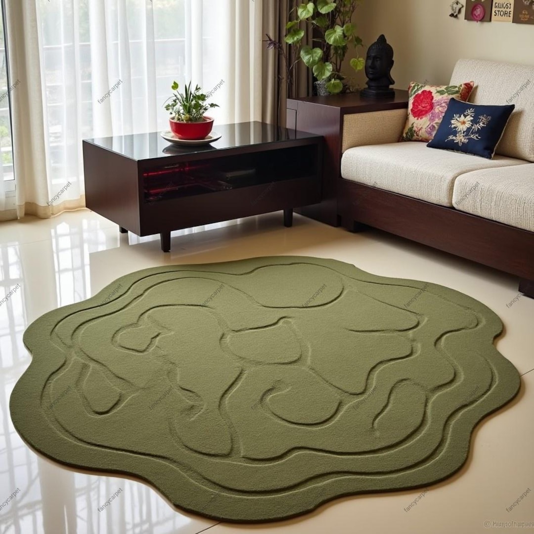 Green Wavy Wool Rug – Hand-tufted Organic Abstract Carpet, Plush Modern ...