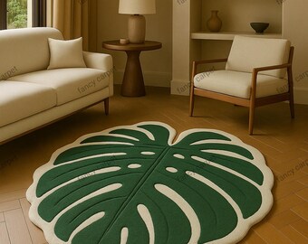 Hand-Tufted Monstera Leaf Rug – Green Botanical Boho Decor