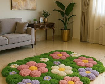 Handgefertigter 3D Blumenteppich | Weicher Pastell Tufted Teppich | Cottagecore Teppich für ein gemütliches Schlafzimmer oder Wohnzimmer
