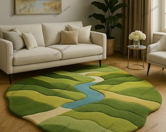 Handmade Tufted River Landscape Rug – Plush Wildflower Meadow Carpet