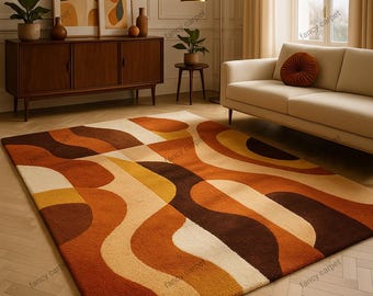 Mid Century Modern 70s Retro Wave Rug – Tufted Shag Carpet, Groovy Vintage Area Rug for Retro Home Decor