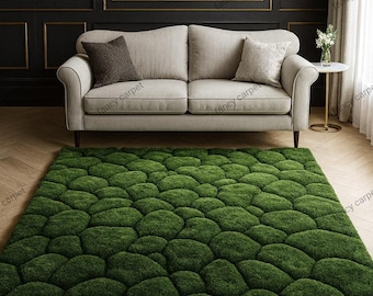 Moss Tufted Wool Rug – Handmade Green High Pile Carpet