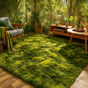 Moss Tufted Rug – Plush Green High Pile Carpet, Nature-Inspired Handmade Wool Area Rug, Boho Cottagecore Living Room Bedroom Decor