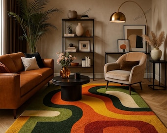 Retro hoogpolig vloerkleed uit het midden van de eeuw – jaren 70 geometrisch oranjegeel tapijt, vintage pluche vloermat voor woonkamer en bohodecor